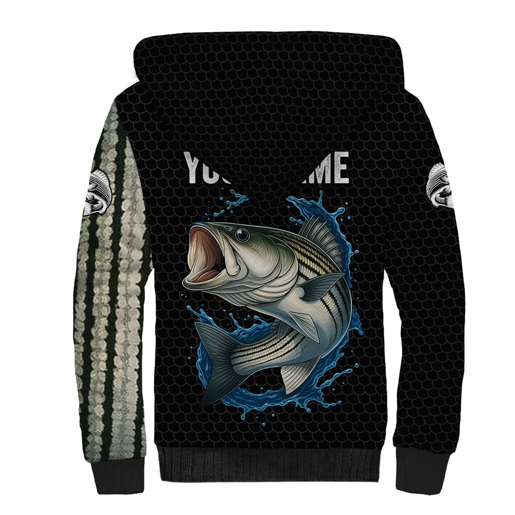 Striped Bass Jumping Sherpa Hoodie Blue Splash Graphic and Custom Name Design - Wonder Print Shop