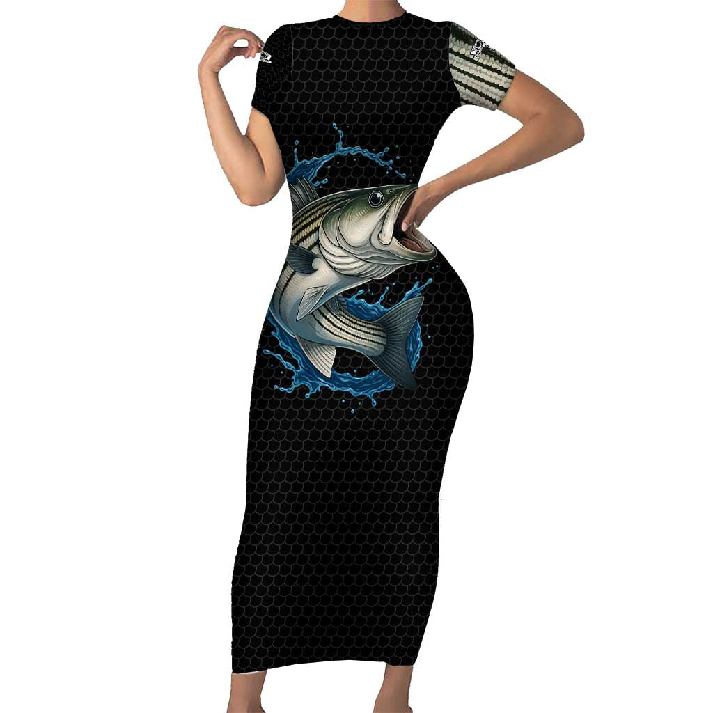 Striped Bass Jumping Short Sleeve Bodycon Dress Blue Splash Graphic and Custom Name Design - Wonder Print Shop