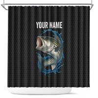 Striped Bass Jumping Shower Curtain Blue Splash Graphic and Custom Name Design - Wonder Print Shop