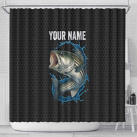 Striped Bass Jumping Shower Curtain Blue Splash Graphic and Custom Name Design - Wonder Print Shop