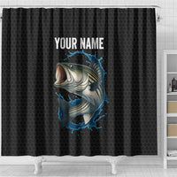 Striped Bass Jumping Shower Curtain Blue Splash Graphic and Custom Name Design - Wonder Print Shop