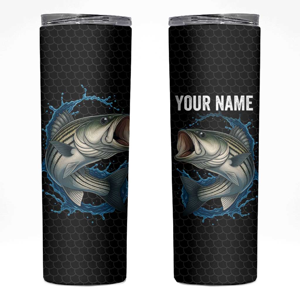 Striped Bass Jumping Skinny Tumbler Blue Splash Graphic and Custom Name Design - Wonder Print Shop