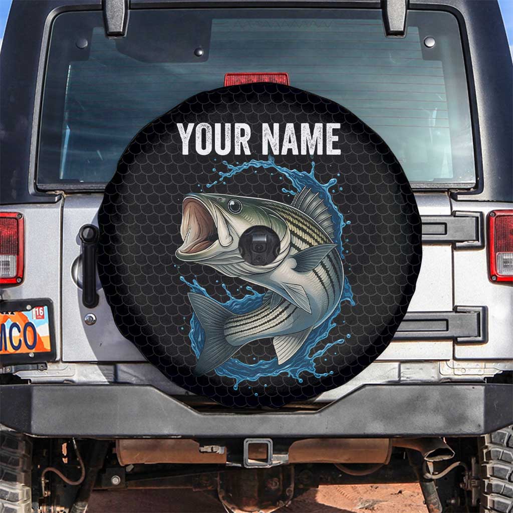 Striped Bass Jumping Spare Tire Cover Blue Splash Graphic and Custom Name Design - Wonder Print Shop