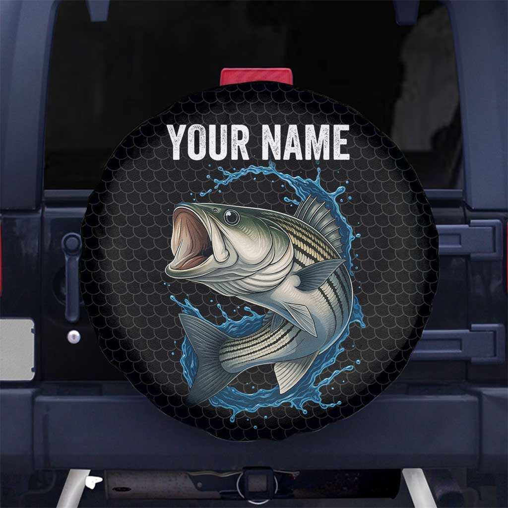 Striped Bass Jumping Spare Tire Cover Blue Splash Graphic and Custom Name Design - Wonder Print Shop