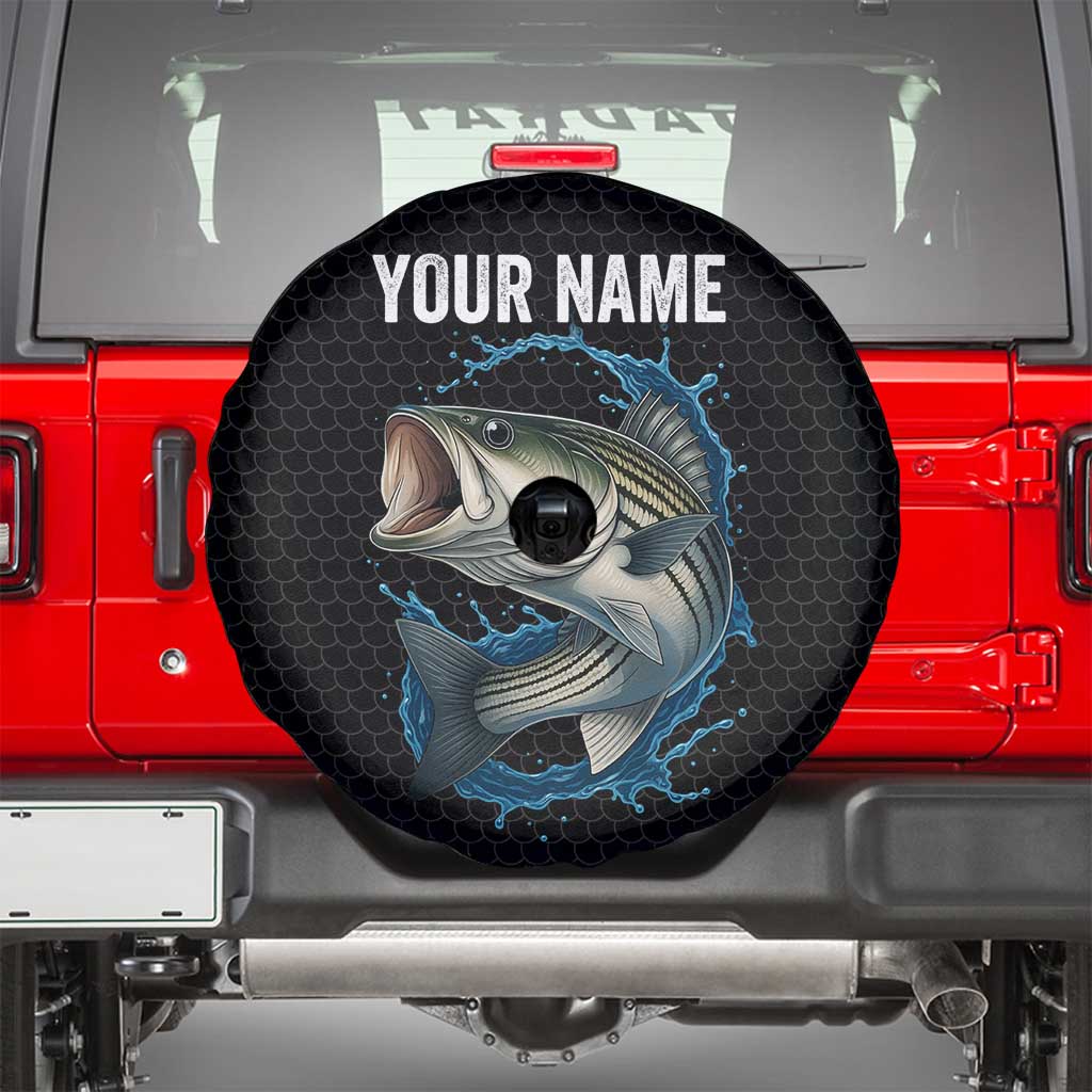 Striped Bass Jumping Spare Tire Cover Blue Splash Graphic and Custom Name Design - Wonder Print Shop
