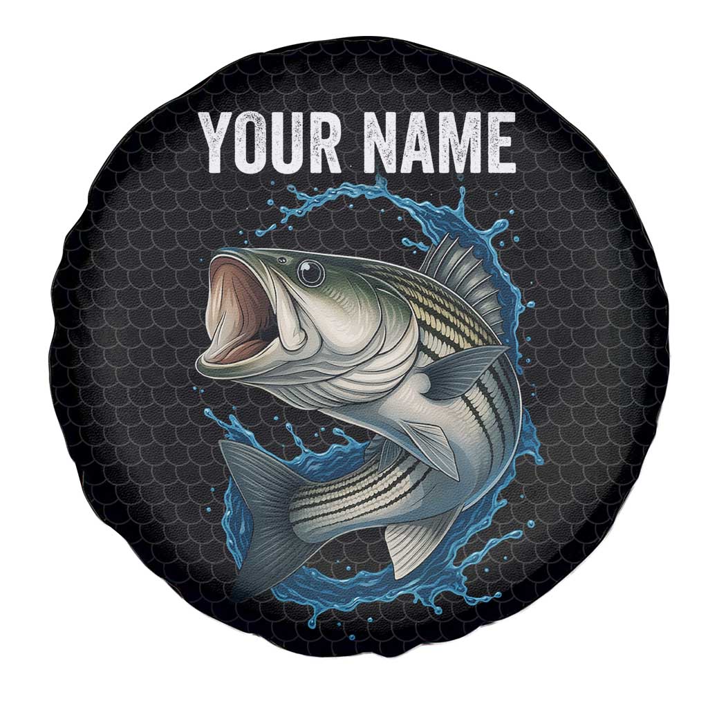 Striped Bass Jumping Spare Tire Cover Blue Splash Graphic and Custom Name Design - Wonder Print Shop