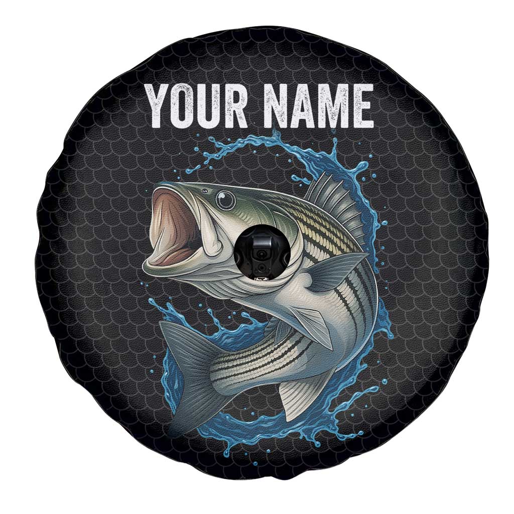 Striped Bass Jumping Spare Tire Cover Blue Splash Graphic and Custom Name Design - Wonder Print Shop