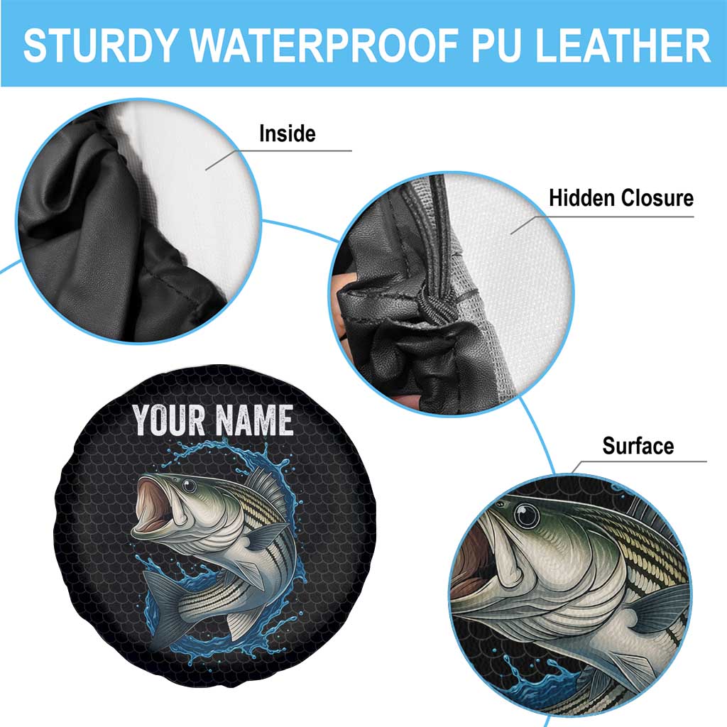 Striped Bass Jumping Spare Tire Cover Blue Splash Graphic and Custom Name Design - Wonder Print Shop