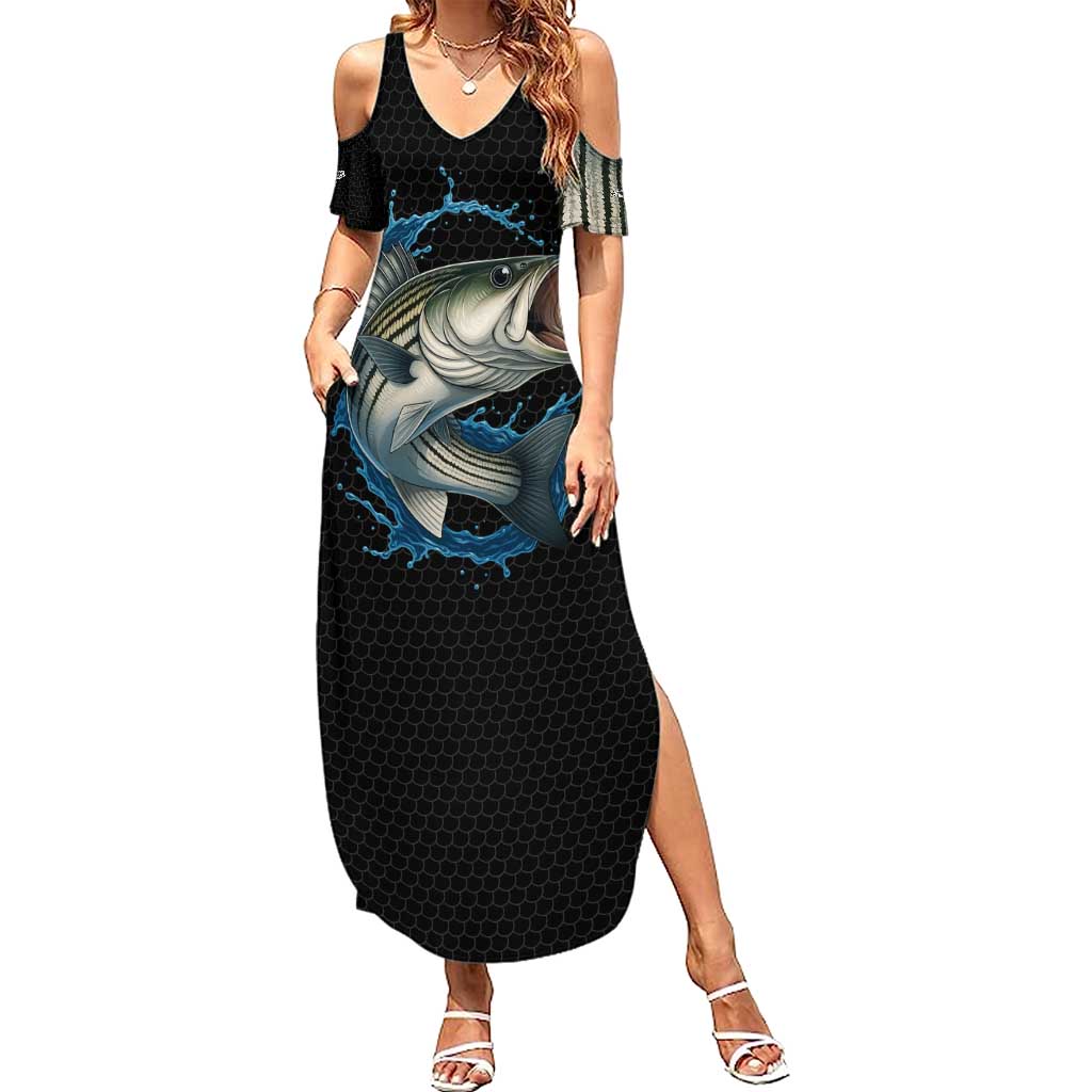 Striped Bass Jumping Summer Maxi Dress Blue Splash Graphic and Custom Name Design - Wonder Print Shop