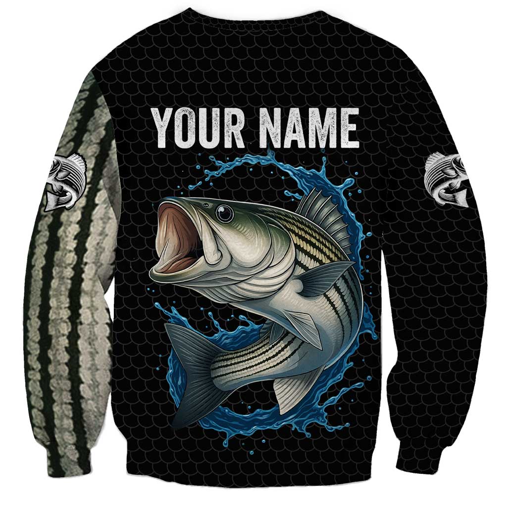 Striped Bass Jumping Sweatshirt Blue Splash Graphic and Custom Name Design - Wonder Print Shop