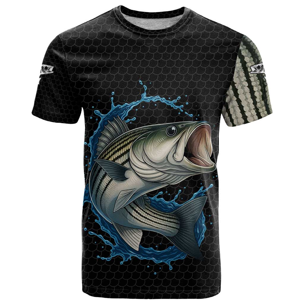 Striped Bass Jumping T Shirt Blue Splash Graphic and Custom Name Design - Wonder Print Shop