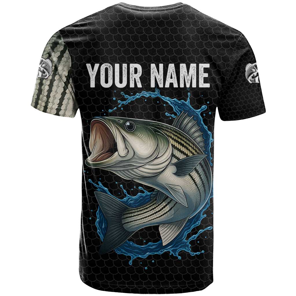 Striped Bass Jumping T Shirt Blue Splash Graphic and Custom Name Design - Wonder Print Shop