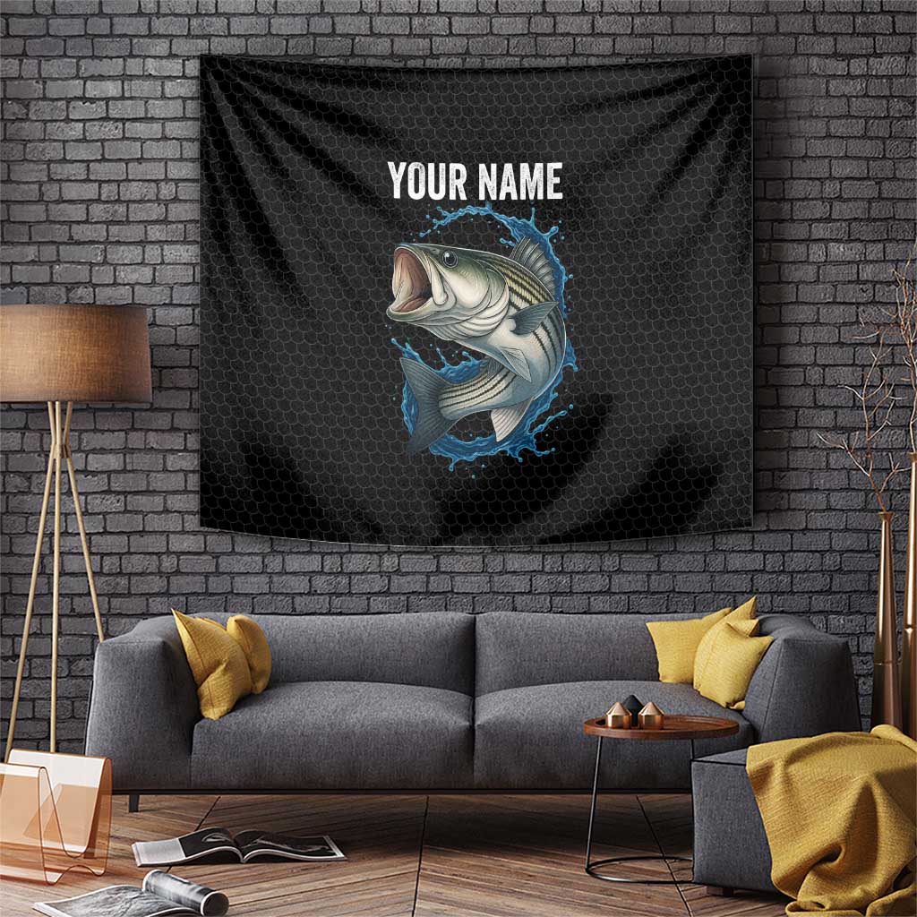 Striped Bass Jumping Tapestry Blue Splash Graphic and Custom Name Design - Wonder Print Shop