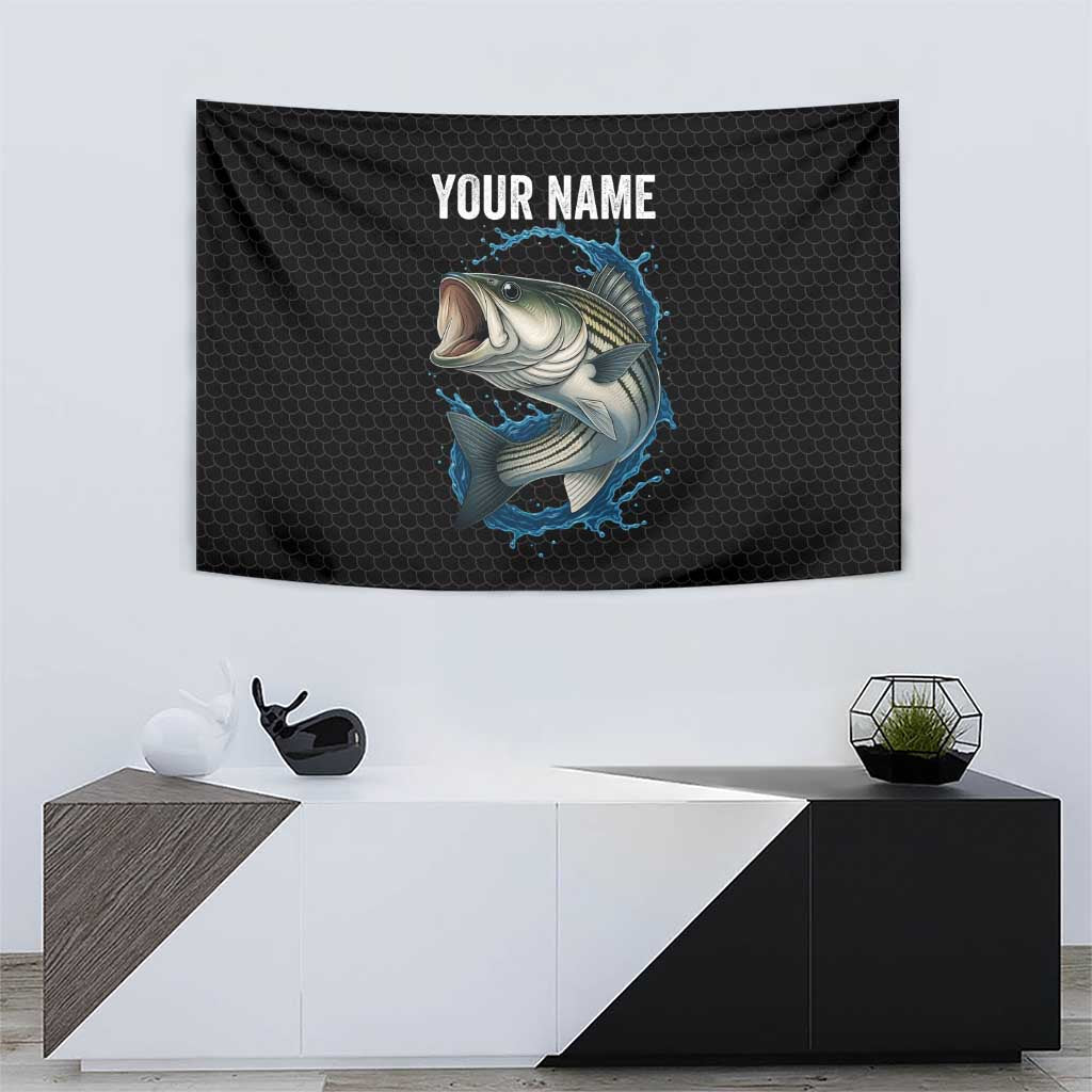 Striped Bass Jumping Tapestry Blue Splash Graphic and Custom Name Design - Wonder Print Shop