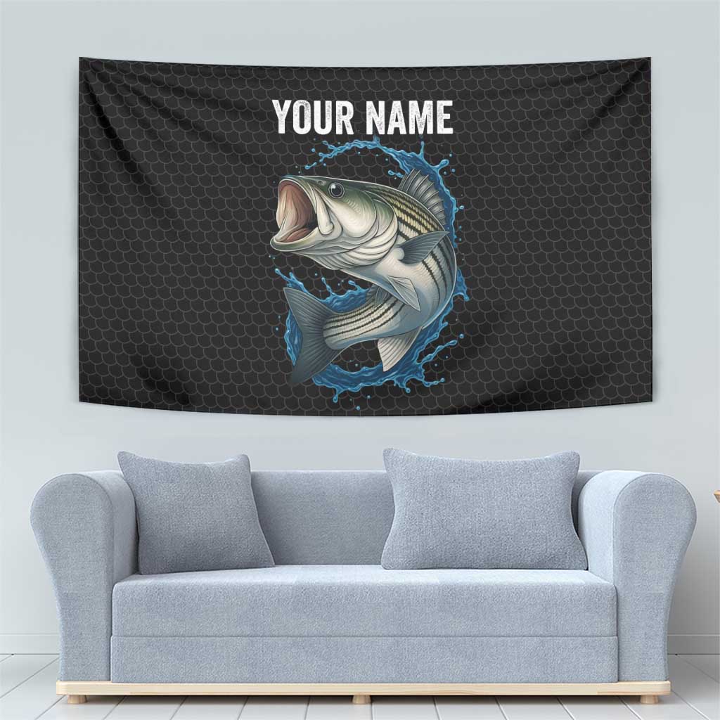 Striped Bass Jumping Tapestry Blue Splash Graphic and Custom Name Design - Wonder Print Shop