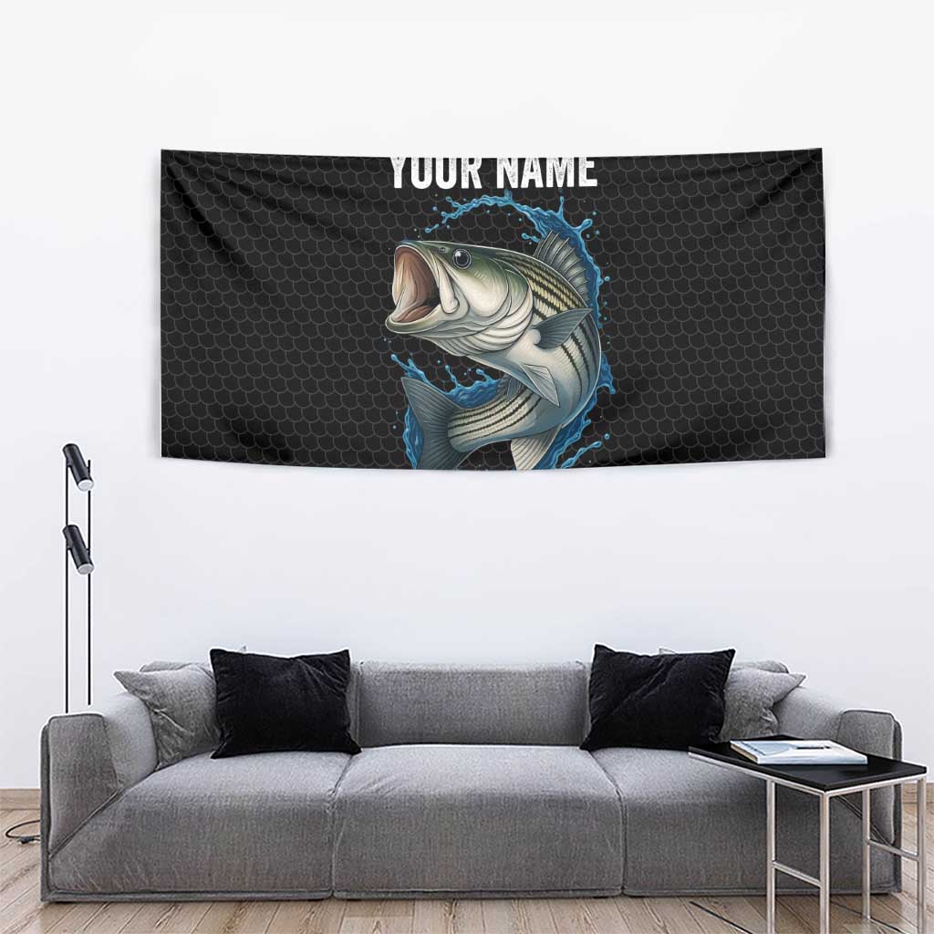 Striped Bass Jumping Tapestry Blue Splash Graphic and Custom Name Design - Wonder Print Shop