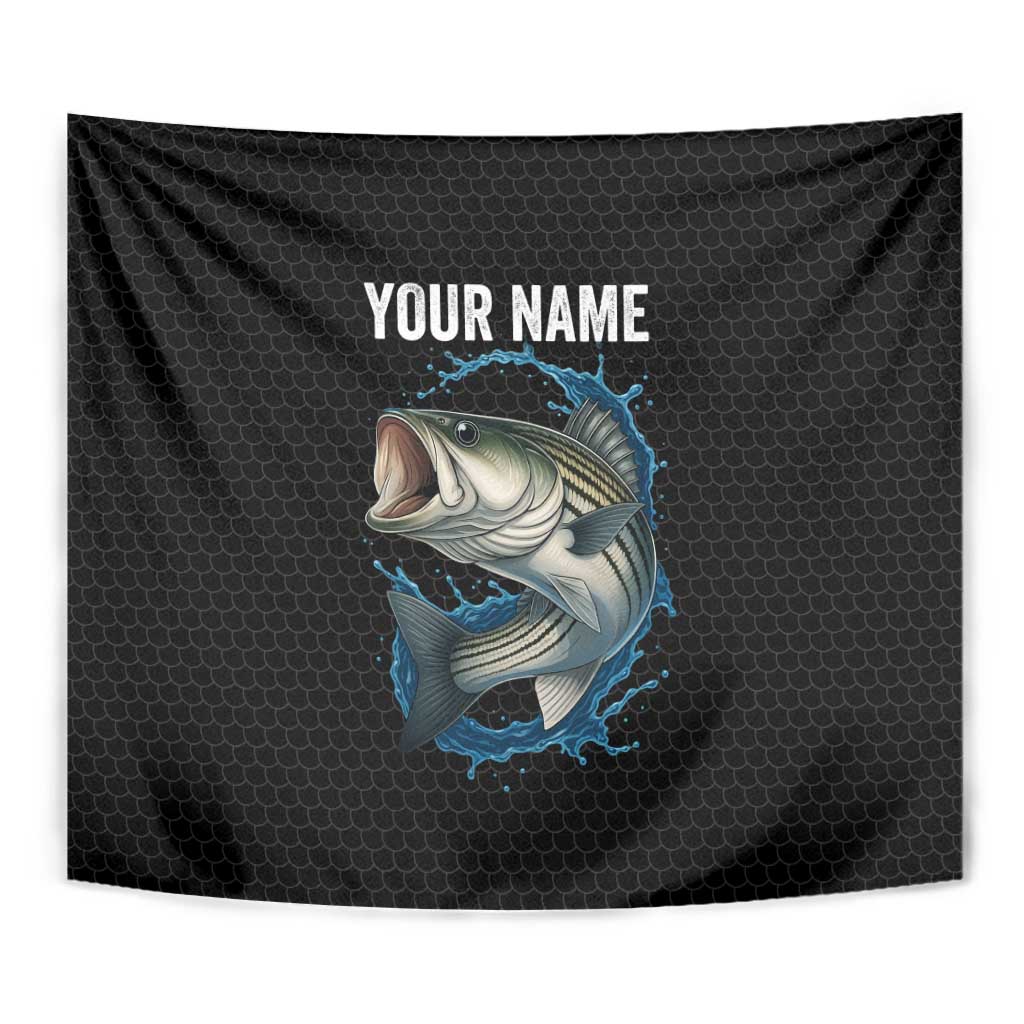 Striped Bass Jumping Tapestry Blue Splash Graphic and Custom Name Design - Wonder Print Shop