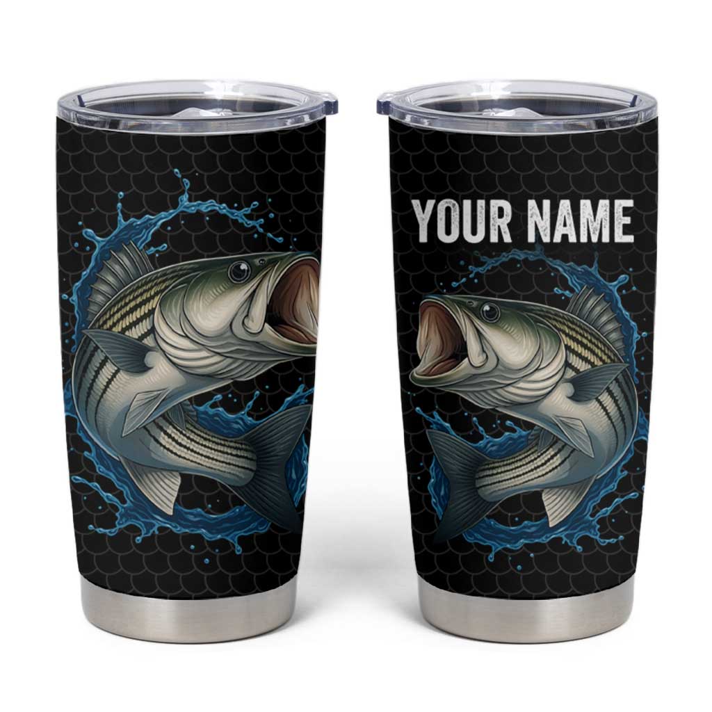 Striped Bass Jumping Tumbler Cup Blue Splash Graphic and Custom Name Design - Wonder Print Shop