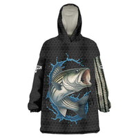 Striped Bass Jumping Wearable Blanket Hoodie Blue Splash Graphic and Custom Name Design - Wonder Print Shop