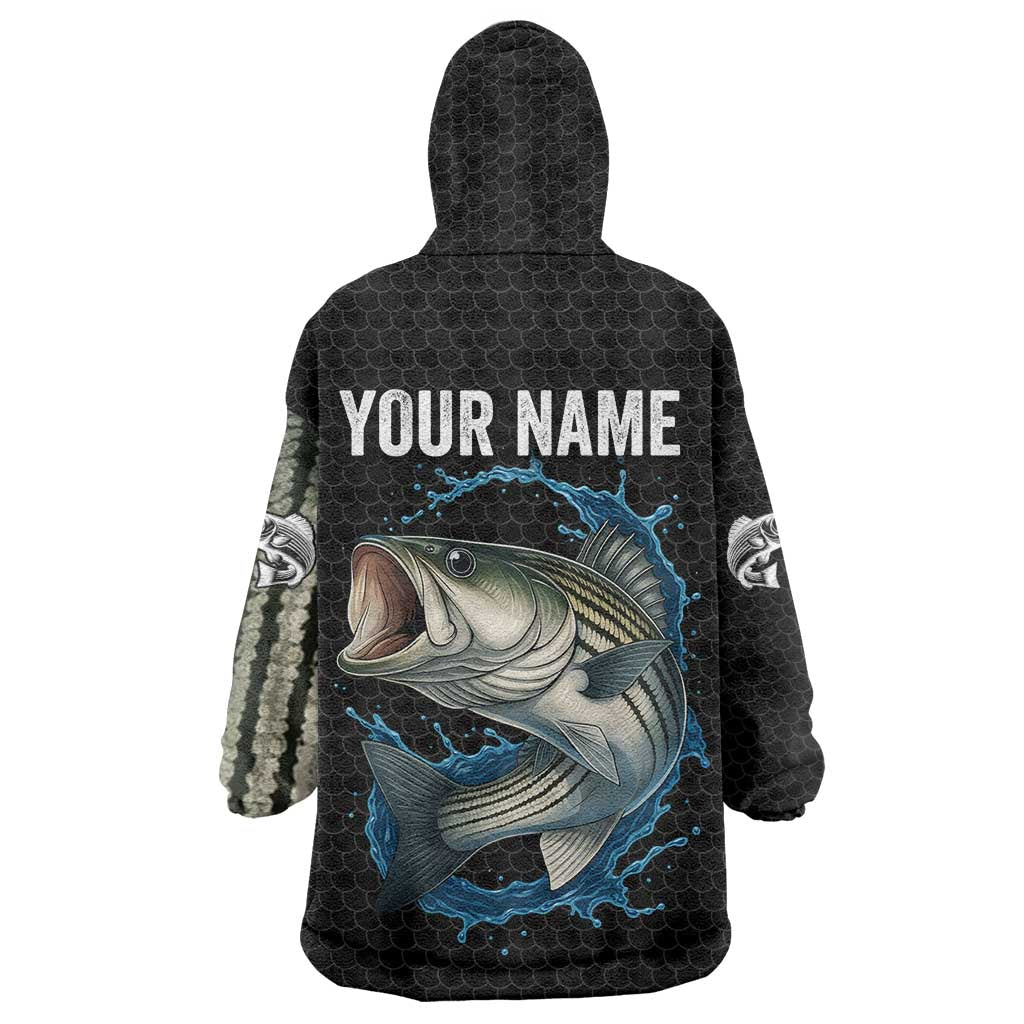 Striped Bass Jumping Wearable Blanket Hoodie Blue Splash Graphic and Custom Name Design - Wonder Print Shop
