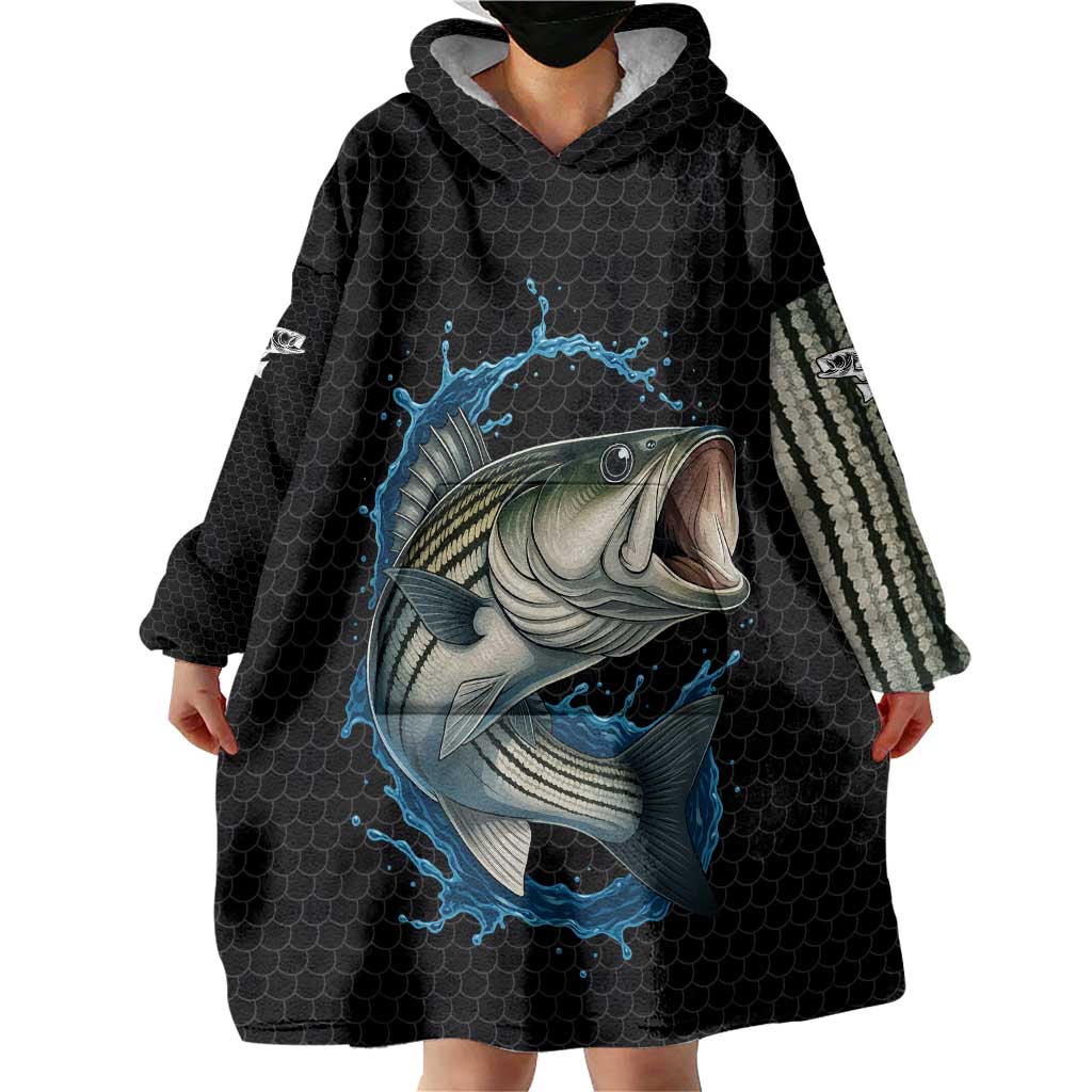 Striped Bass Jumping Wearable Blanket Hoodie Blue Splash Graphic and Custom Name Design - Wonder Print Shop