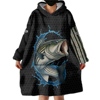 Striped Bass Jumping Wearable Blanket Hoodie Blue Splash Graphic and Custom Name Design - Wonder Print Shop