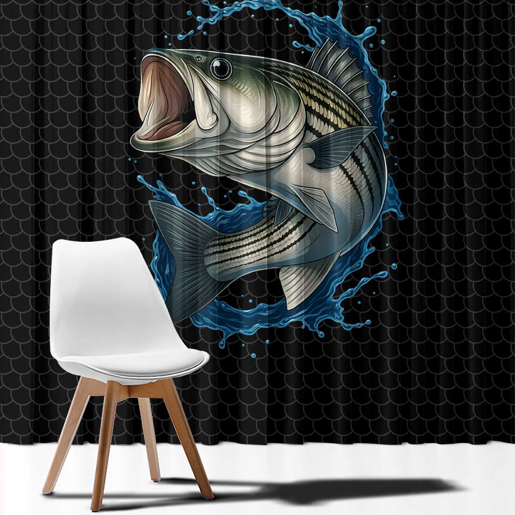 Striped Bass Jumping Window Curtain Blue Splash Graphic and Custom Name Design - Wonder Print Shop