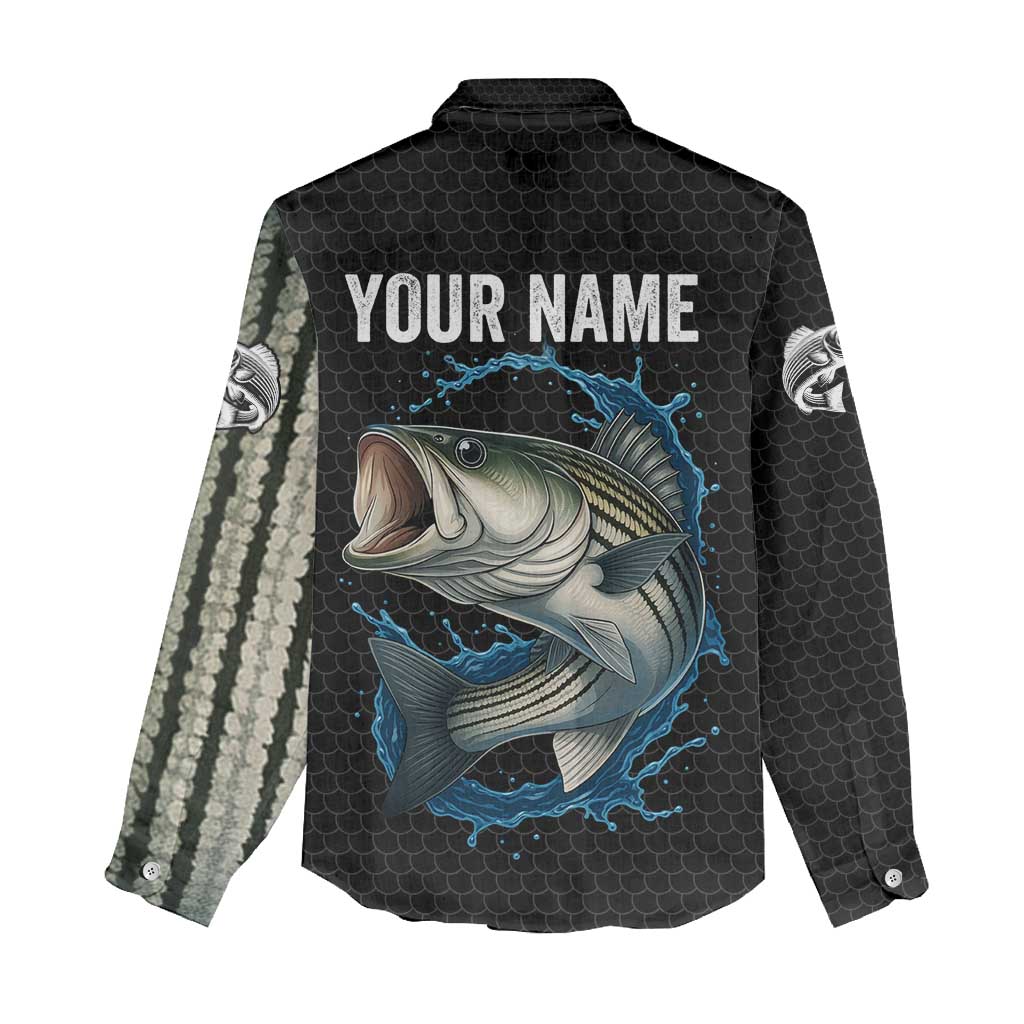 Striped Bass Jumping Women Casual Shirt Blue Splash Graphic and Custom Name Design - Wonder Print Shop