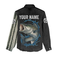 Striped Bass Jumping Women Casual Shirt Blue Splash Graphic and Custom Name Design - Wonder Print Shop