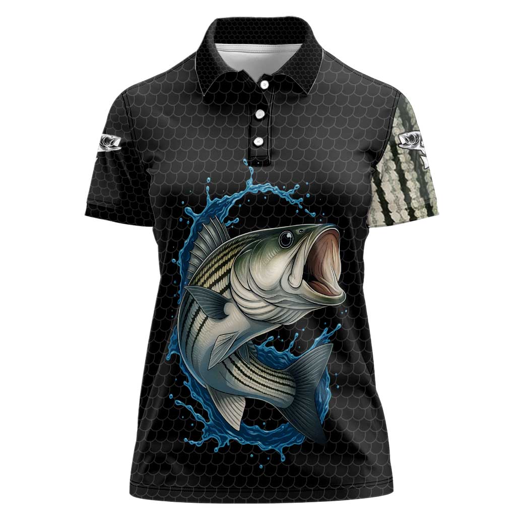 Striped Bass Jumping Women Polo Shirt Blue Splash Graphic and Custom Name Design - Wonder Print Shop