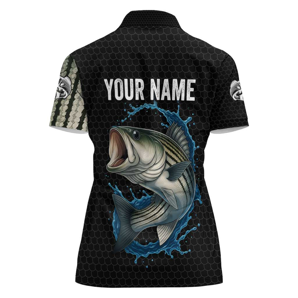 Striped Bass Jumping Women Polo Shirt Blue Splash Graphic and Custom Name Design - Wonder Print Shop