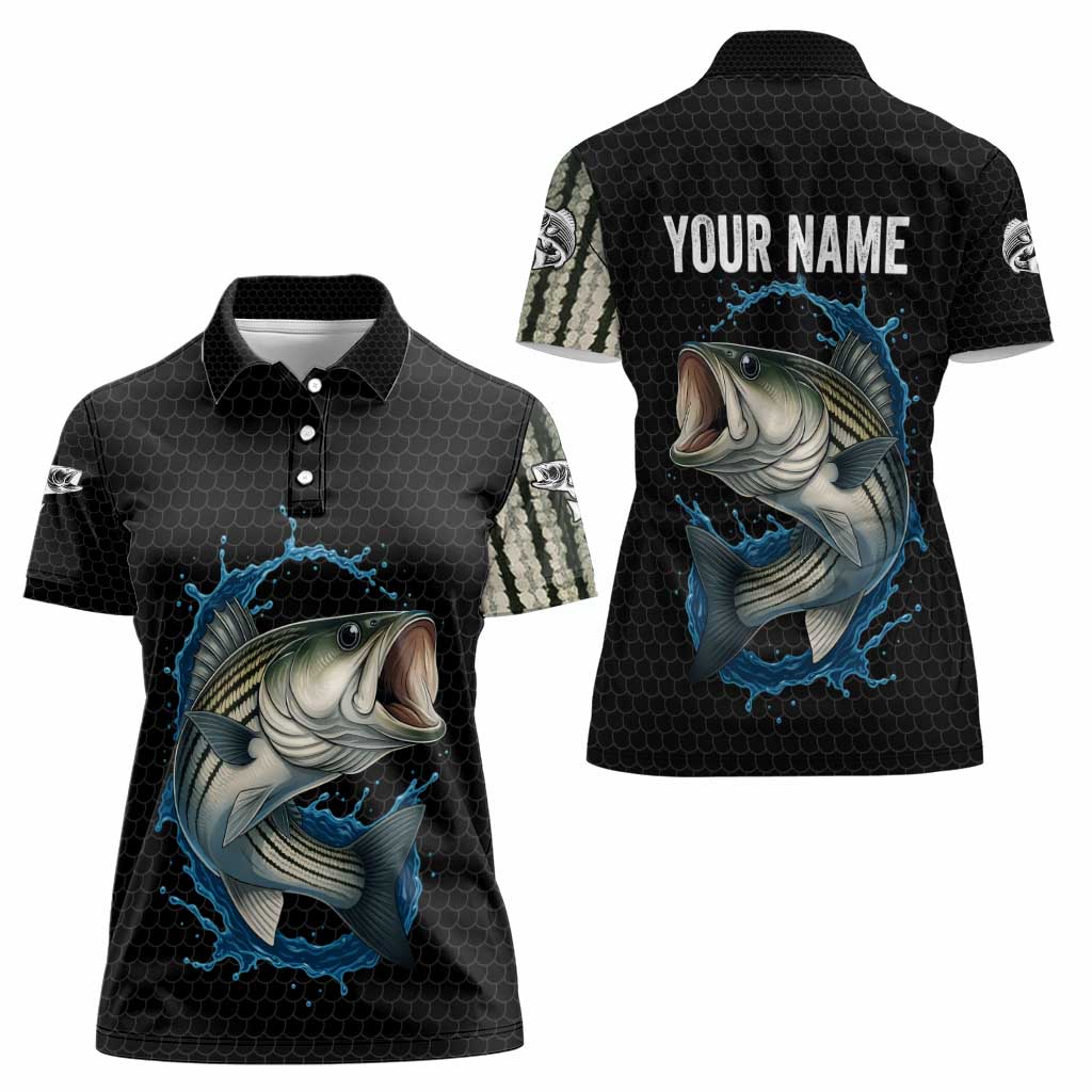 Striped Bass Jumping Women Polo Shirt Blue Splash Graphic and Custom Name Design - Wonder Print Shop