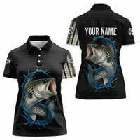 Striped Bass Jumping Women Polo Shirt Blue Splash Graphic and Custom Name Design - Wonder Print Shop