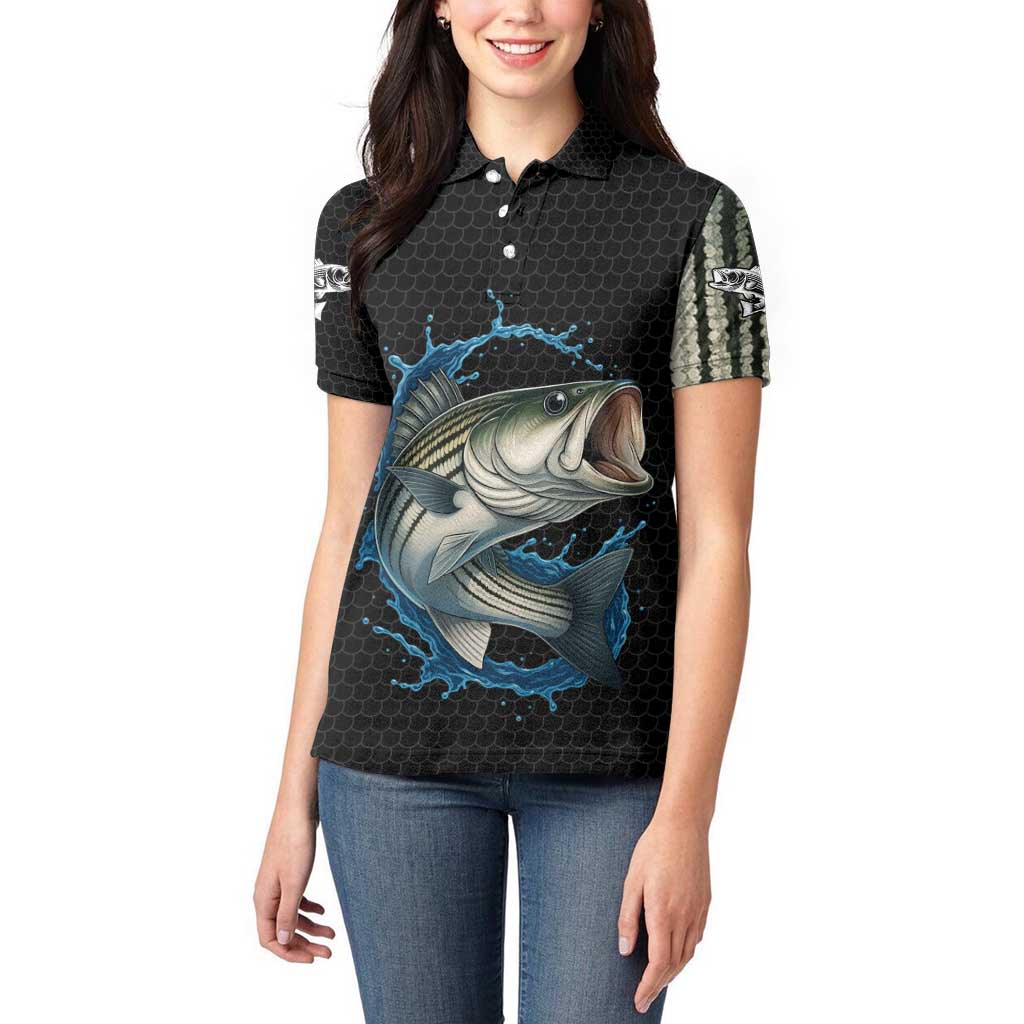 Striped Bass Jumping Women Polo Shirt Blue Splash Graphic and Custom Name Design - Wonder Print Shop