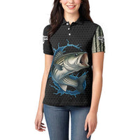 Striped Bass Jumping Women Polo Shirt Blue Splash Graphic and Custom Name Design - Wonder Print Shop