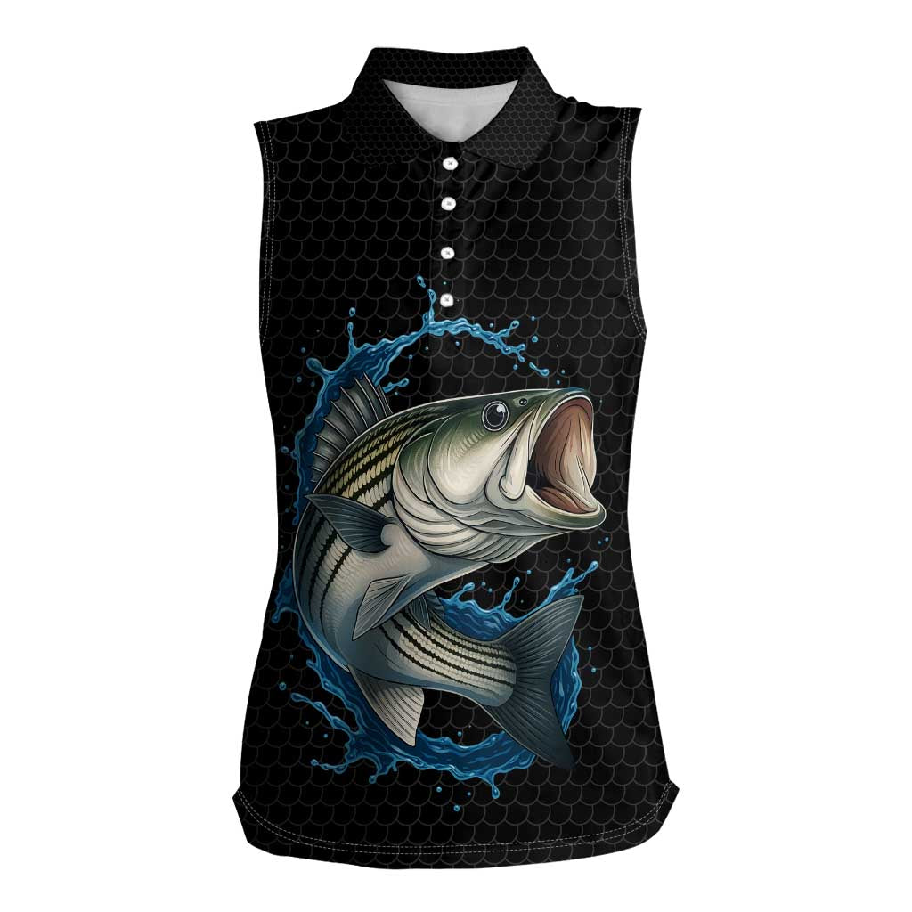 Striped Bass Jumping Women Sleeveless Polo Shirt Blue Splash Graphic and Custom Name Design - Wonder Print Shop