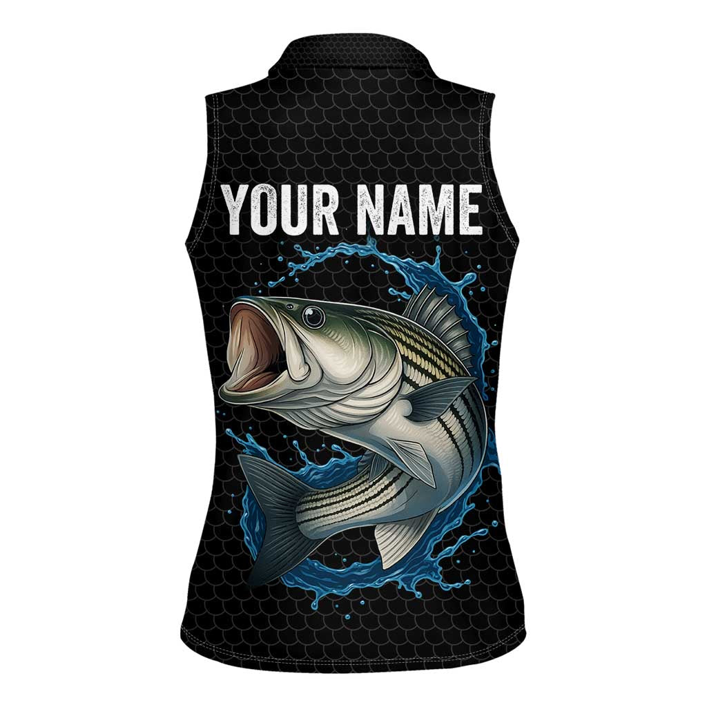 Striped Bass Jumping Women Sleeveless Polo Shirt Blue Splash Graphic and Custom Name Design - Wonder Print Shop