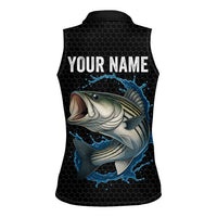 Striped Bass Jumping Women Sleeveless Polo Shirt Blue Splash Graphic and Custom Name Design - Wonder Print Shop