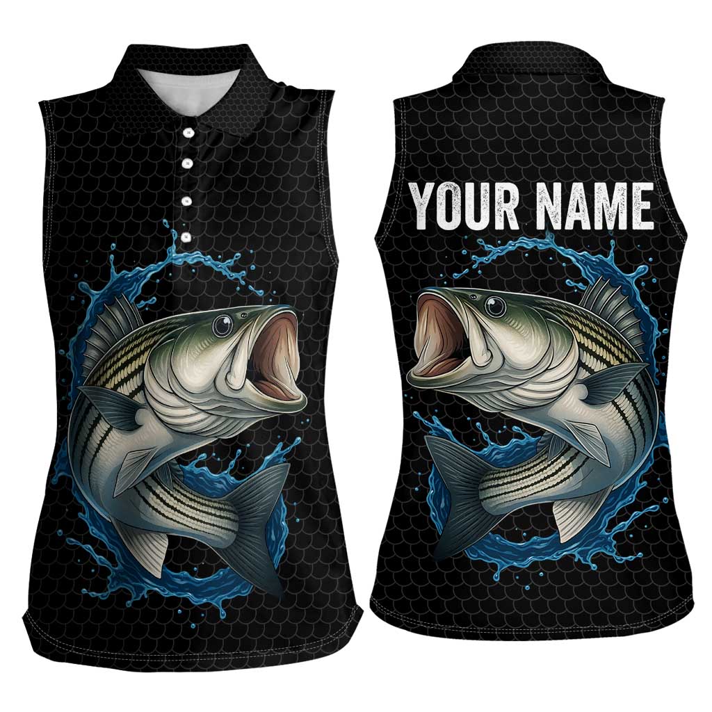 Striped Bass Jumping Women Sleeveless Polo Shirt Blue Splash Graphic and Custom Name Design - Wonder Print Shop