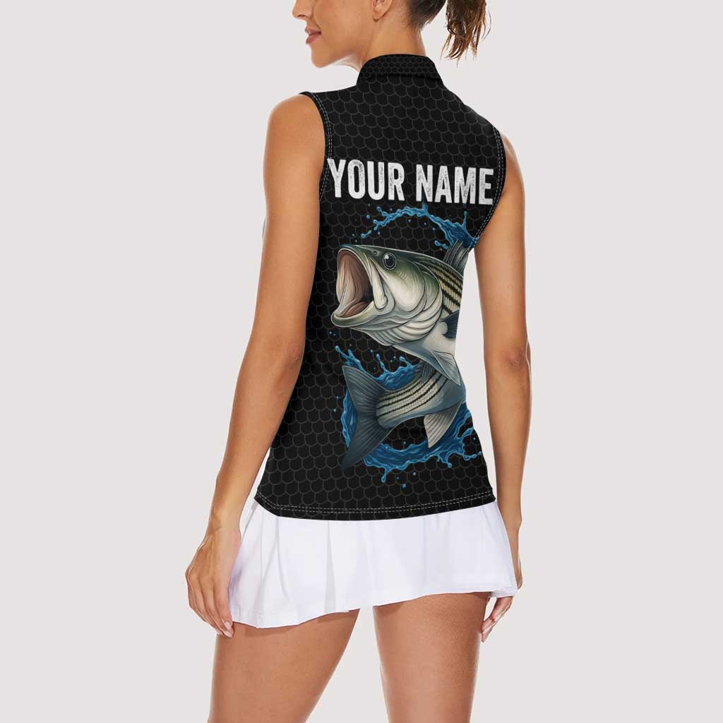 Striped Bass Jumping Women Sleeveless Polo Shirt Blue Splash Graphic and Custom Name Design - Wonder Print Shop