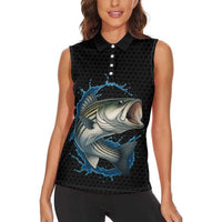 Striped Bass Jumping Women Sleeveless Polo Shirt Blue Splash Graphic and Custom Name Design - Wonder Print Shop