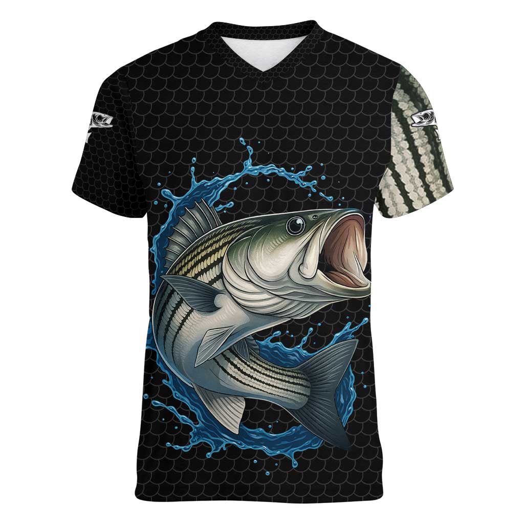 Striped Bass Jumping Women V-Neck T-Shirt Blue Splash Graphic and Custom Name Design - Wonder Print Shop