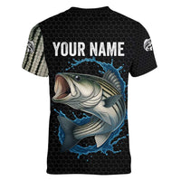 Striped Bass Jumping Women V-Neck T-Shirt Blue Splash Graphic and Custom Name Design - Wonder Print Shop