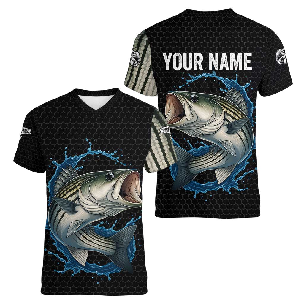 Striped Bass Jumping Women V-Neck T-Shirt Blue Splash Graphic and Custom Name Design - Wonder Print Shop