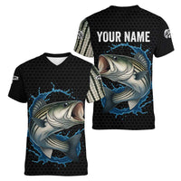 Striped Bass Jumping Women V-Neck T-Shirt Blue Splash Graphic and Custom Name Design - Wonder Print Shop