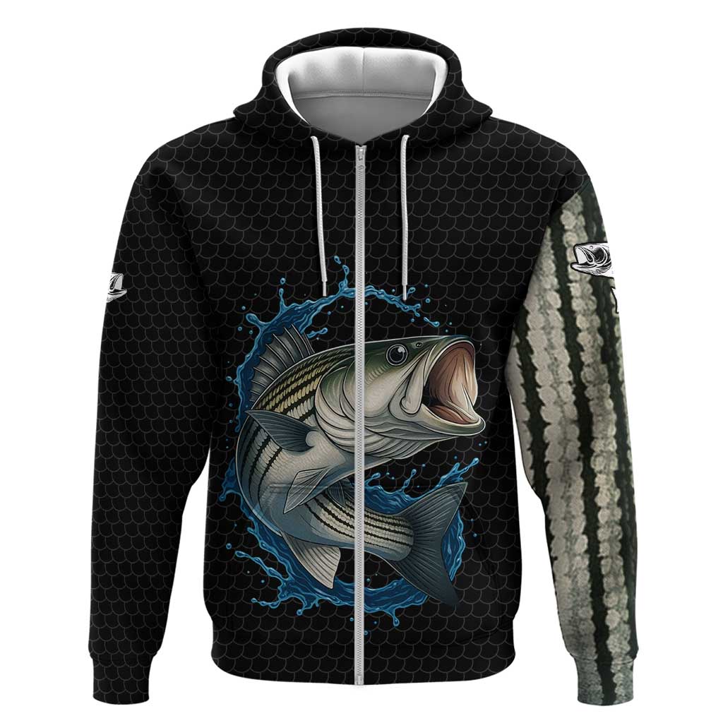 Striped Bass Jumping Zip Hoodie Blue Splash Graphic and Custom Name Design - Wonder Print Shop