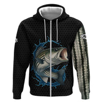 Striped Bass Jumping Zip Hoodie Blue Splash Graphic and Custom Name Design - Wonder Print Shop