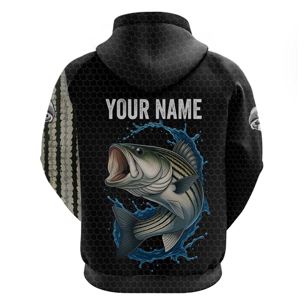Striped Bass Jumping Zip Hoodie Blue Splash Graphic and Custom Name Design - Wonder Print Shop