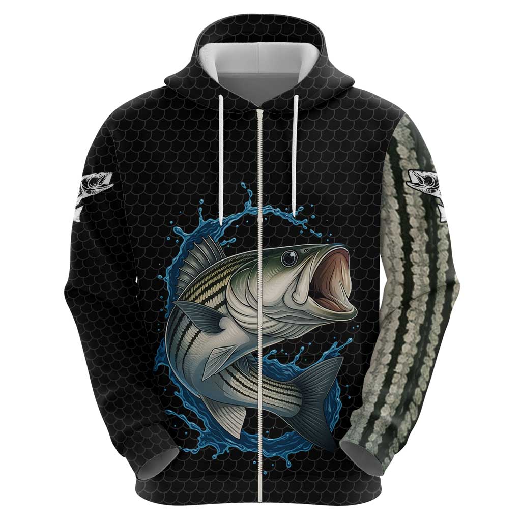 Striped Bass Jumping Zip Hoodie Blue Splash Graphic and Custom Name Design - Wonder Print Shop