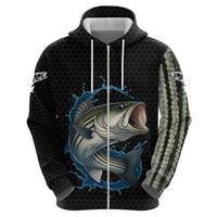 Striped Bass Jumping Zip Hoodie Blue Splash Graphic and Custom Name Design - Wonder Print Shop
